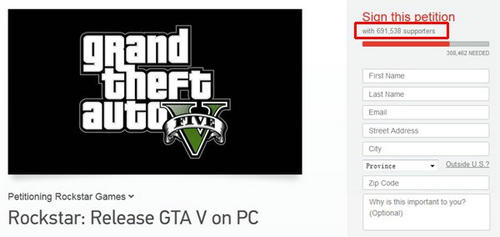 《GTA5》PC版玩家请愿数将破70万 粉丝无比热情